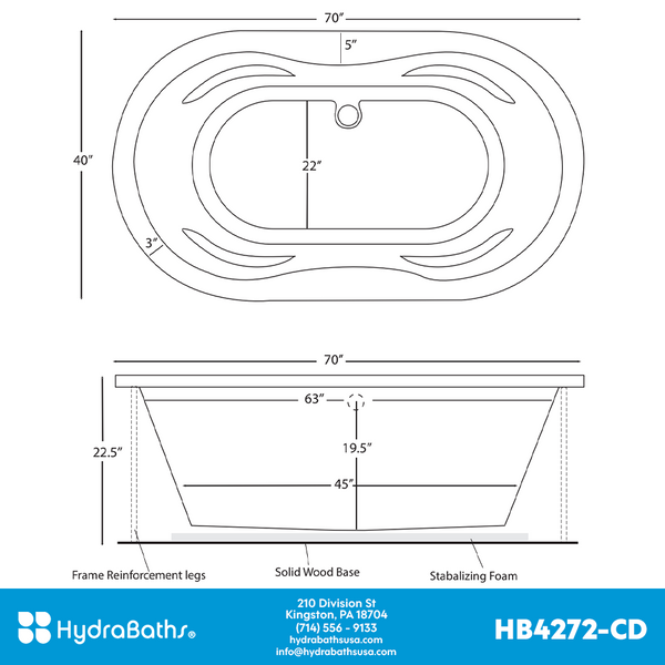 HYDRABATHS® HB4270-CD 40" x 70" Center Drain Drop-In Tub