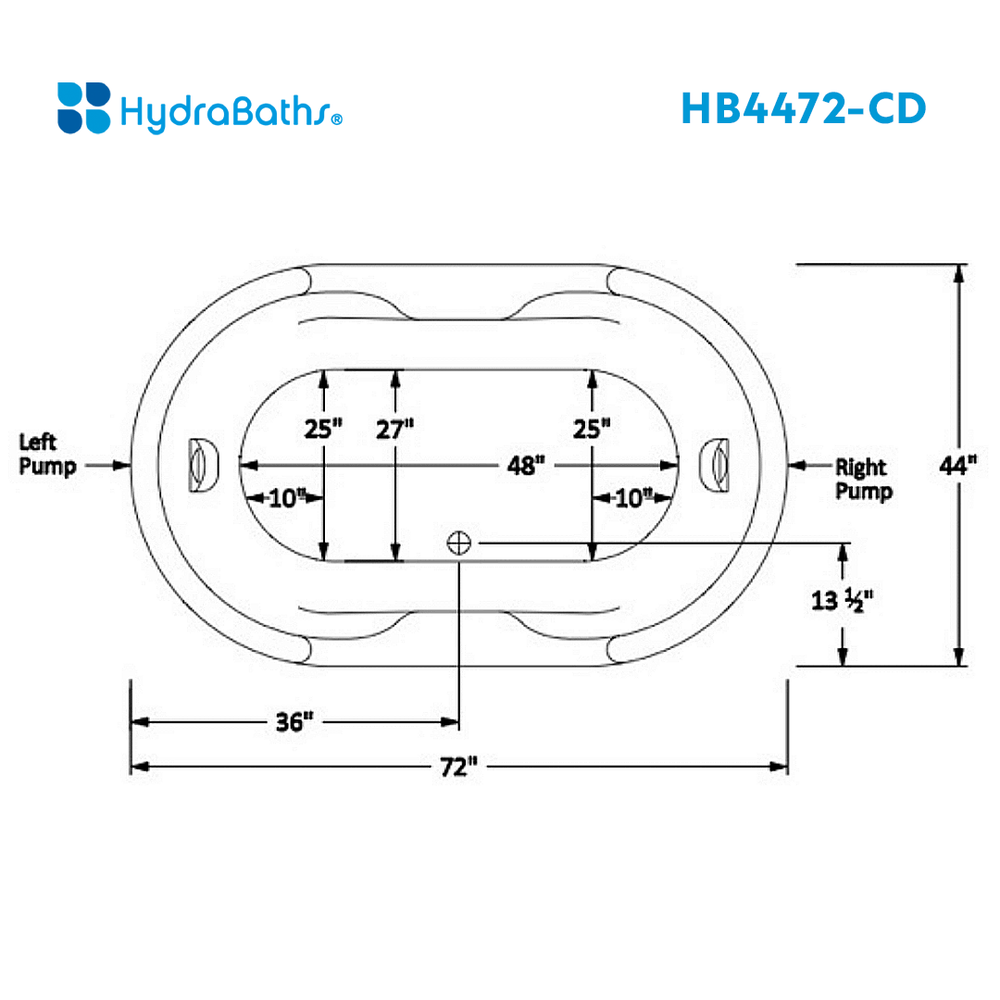 HYDRABATHS® HB4472-CD 44" x 72" Center Drain Drop-In Tub