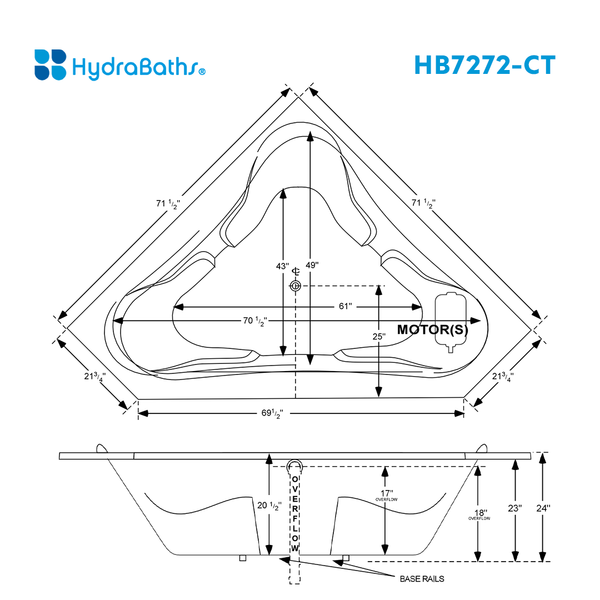 HYDRABATHS® HB7272-CT 72" x 72" Drop-In Tub
