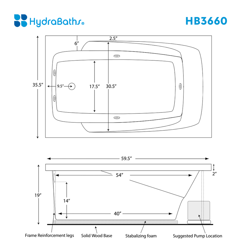 HYDRABATHS® HB3660 36" x 60" Drop-In Tub